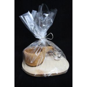 Wooden cup, appr. 1,5dl and shot glass on wooden plate, cellophane bag