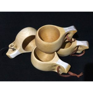 Wooden cup, appr. 1,5dl, leather ribbon, reindeer horn decoration, birch