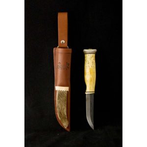 Knife, curly birch and reindeer horn, reindeer skin decoration, 9,5cm blade